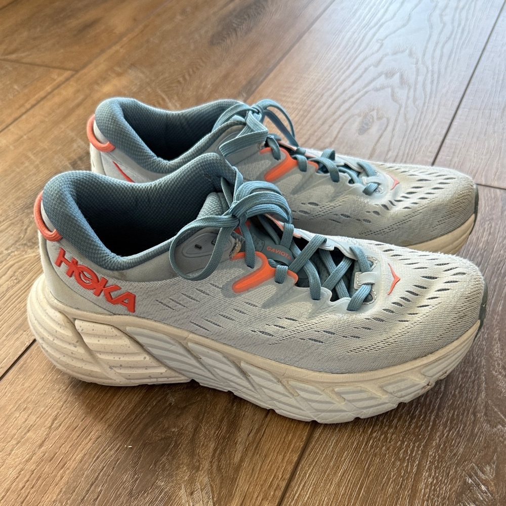 Hoka Athletic Shoes in Light Gray and Coral